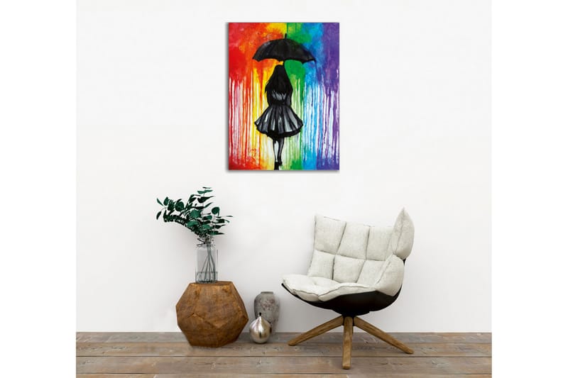 Lærredsbillede - Silhuet af en kvinde med en paraply mod en farverig baggrund - Sort / Rød / Grøn - Boligtilbehør - Billeder & kunst - Billeder på lærred