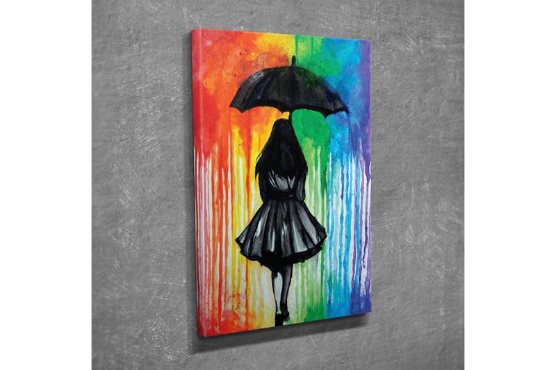 Lærredsbillede - Silhuet af en kvinde med en paraply mod en farverig baggrund - Sort / Rød / Grøn - Boligtilbehør - Billeder & kunst - Billeder på lærred