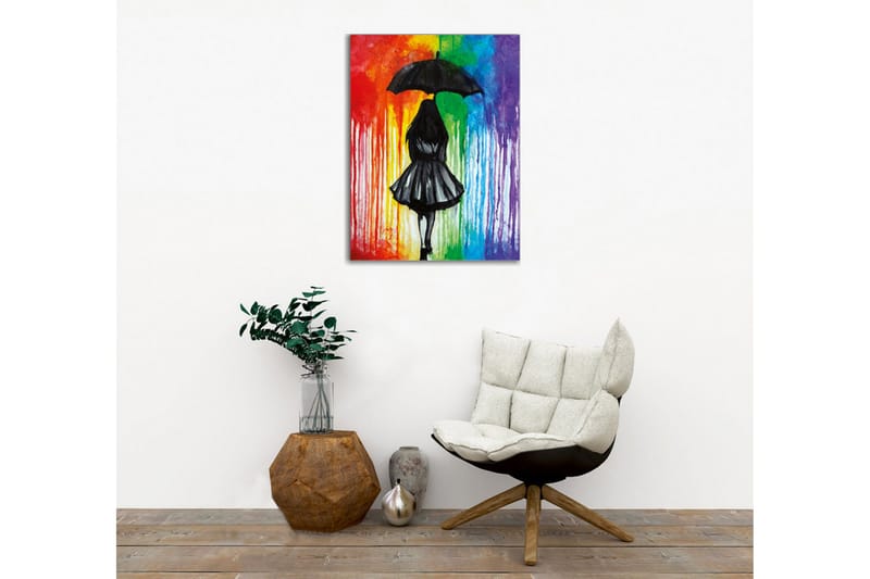 Lærredsbillede - Silhuet af en kvinde med en paraply mod en farverig baggrund - Sort / Rød / Grøn - Boligtilbehør - Billeder & kunst - Billeder på lærred