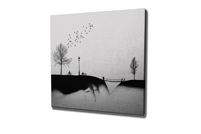 Lærredsbillede - Silhuet af en park med træer, bænk og fugle i flugt, Sort / Grå