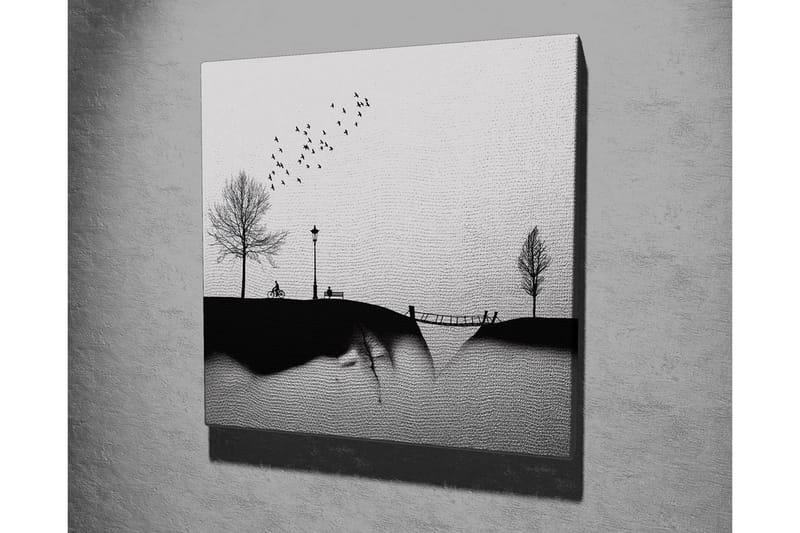 Lærredsbillede - Silhuet af en park med træer, bænk og fugle i flugt - Sort / Grå - Boligtilbehør - Billeder & kunst - Billeder på lærred