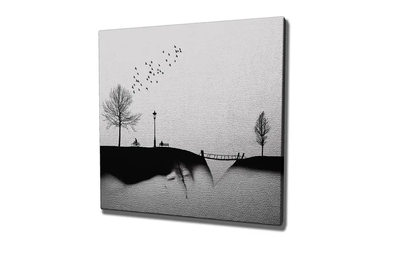 Lærredsbillede - Silhuet af en park med træer, bænk og fugle i flugt, Sort / Grå