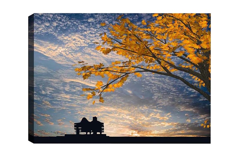 Lærredsbillede - Silhuet af et par, der sidder på en bænk under et træ med gyldne efterårsblade, Guld / Blå / Sort