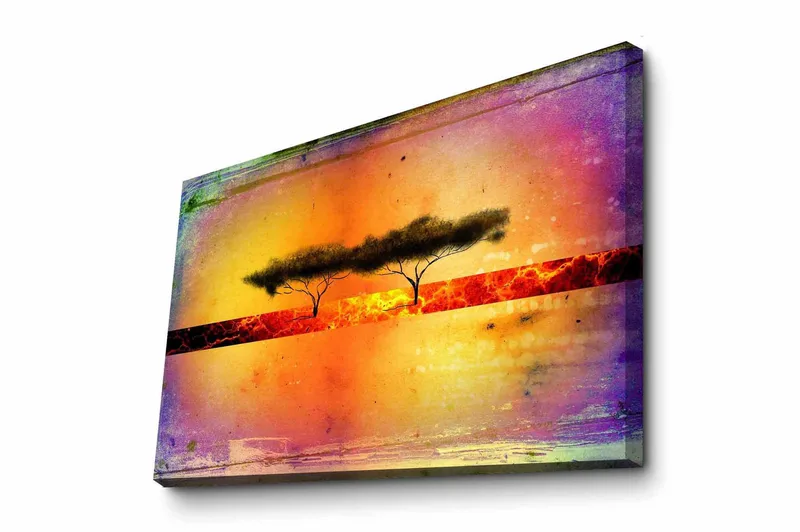Lærredsbillede - Silhuet af træer mod en farverig baggrund, Orange / Lilla / Sort