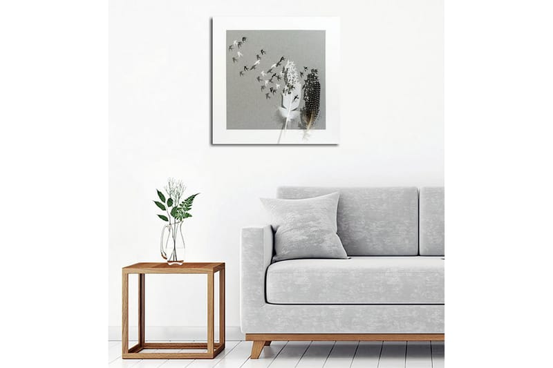 Lærredsbillede - Silhuetter af fugle, der flyver væk fra en vase med fjer - Sort / Hvid / Grå - Boligtilbehør - Billeder & kunst - Billeder på lærred