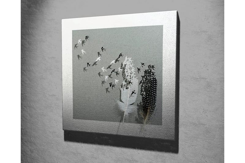 Lærredsbillede - Silhuetter af fugle, der flyver væk fra en vase med fjer - Sort / Hvid / Grå - Boligtilbehør - Billeder & kunst - Billeder på lærred