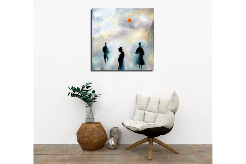 Lærredsbillede - Silhuetter af mennesker i et tåget bybillede - Mørkeblå / Grå / Orange - Boligtilbehør - Billeder & kunst - Billeder på lærred