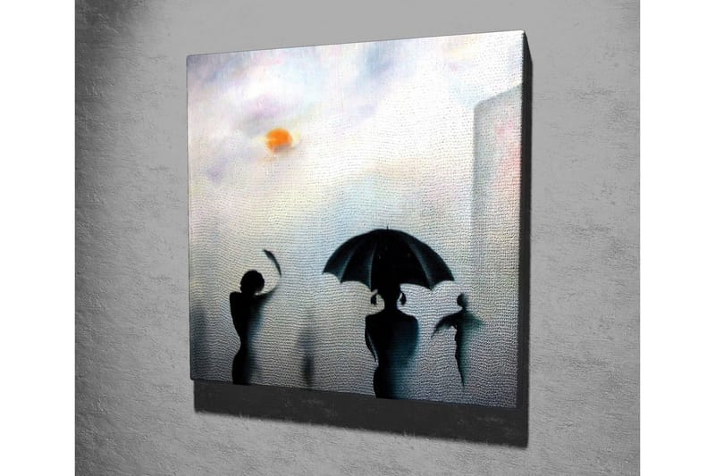 Lærredsbillede - Silhuetter af mennesker med paraplyer i et tåget bymiljø - Sort / Grå / Orange - Boligtilbehør - Billeder & kunst - Billeder på lærred