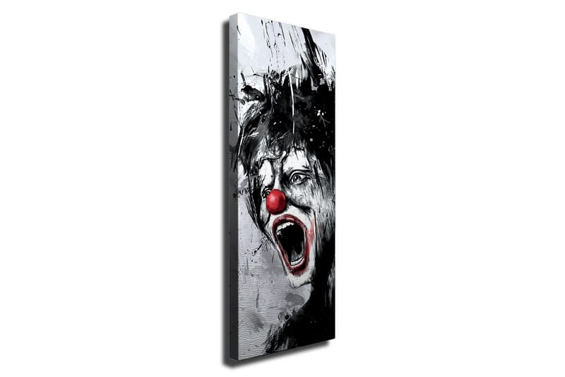 Lærredsbillede - Skrigende klovn med rød næse og dramatiske ansigtstræk, Sort / Hvid / Rød