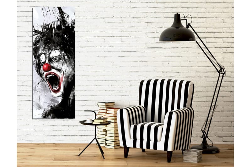 Lærredsbillede - Skrigende klovn med rød næse og dramatiske ansigtstræk - Sort / Hvid / Rød - Boligtilbehør - Billeder & kunst - Billeder på lærred