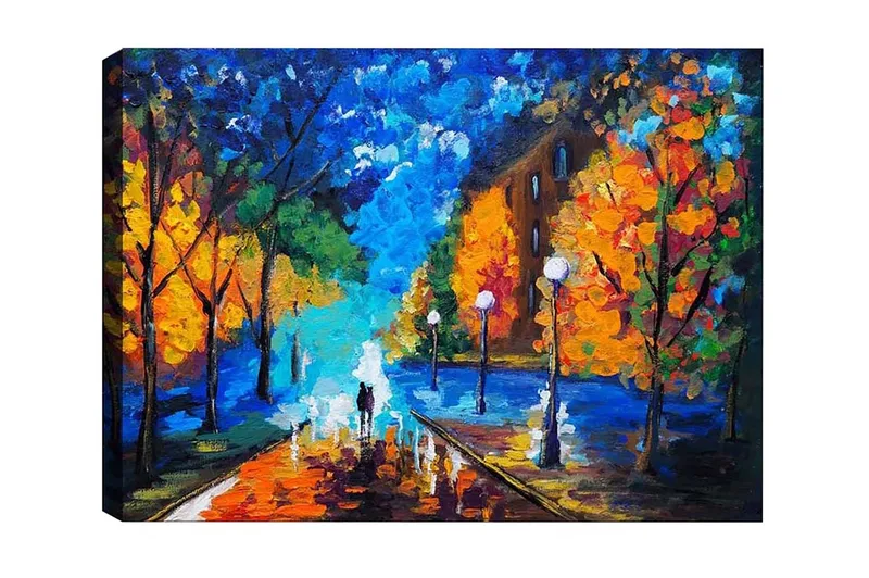 Lærredsbillede - Smuk bypark med farverige efterårstræer og en gangsti i skumringen, Blå / Orange / Grøn