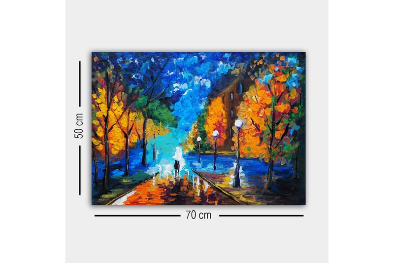 Lærredsbillede - Smuk bypark med farverige efterårstræer og en gangsti i skumringen - Blå / Orange / Grøn - Boligtilbehør - Billeder & kunst - Billeder på lærred