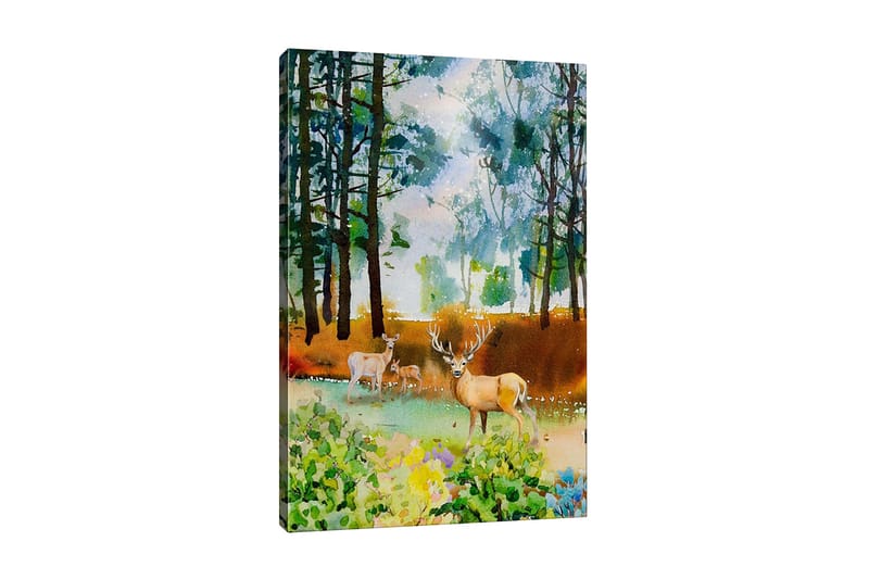 Lærredsbillede - Smuk hjort i skovmiljø, Grøn / Brun / Beige