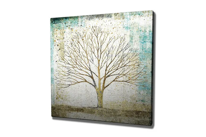 Lærredsbillede - Smuk silhuet af et træ mod en blødt farvet baggrund, Guld / Turkis / Hvid