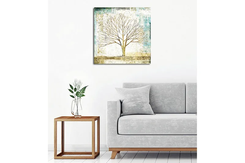 Lærredsbillede - Smuk silhuet af et træ mod en blødt farvet baggrund - Guld / Turkis / Hvid - Boligtilbehør - Billeder & kunst - Billeder på lærred