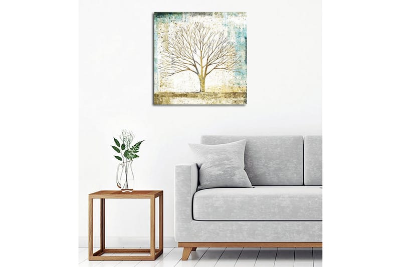 Lærredsbillede - Smuk silhuet af et træ mod en blødt farvet baggrund - Guld / Turkis / Hvid - Boligtilbehør - Billeder & kunst - Billeder på lærred