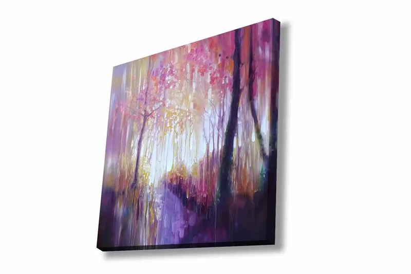 Lærredsbillede - Smuk skovsti med efterårsfarver og blødt lys, Lilla / Lyserød / Gul