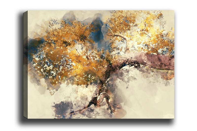 Lærredsbillede - Smuk trækrone med gyldent løv, Guld / Brun / Blå