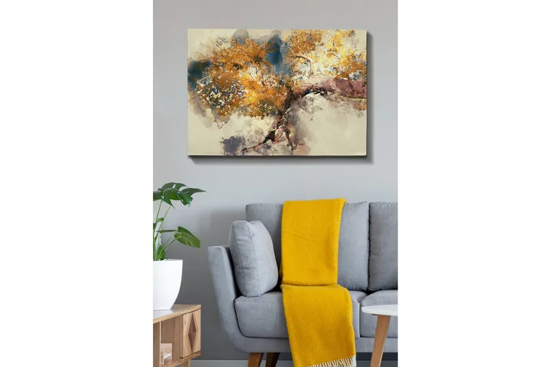 Lærredsbillede - Smuk trækrone med gyldent løv - Guld / Brun / Blå - Boligtilbehør - Billeder & kunst - Billeder på lærred