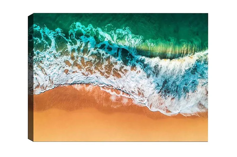 Lærredsbillede - Smuk udsigt over havet og stranden med bølger, der ruller ind mod sandet, Turkis / Beige / Hvid
