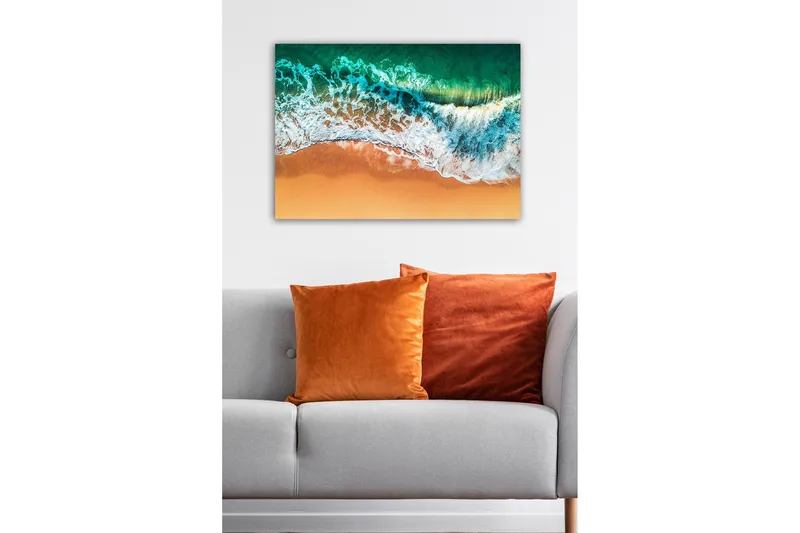 Lærredsbillede - Smuk udsigt over havet og stranden med bølger, der ruller ind mod sandet - Turkis / Beige / Hvid - Boligtilbehør - Billeder & kunst - Billeder på lærred