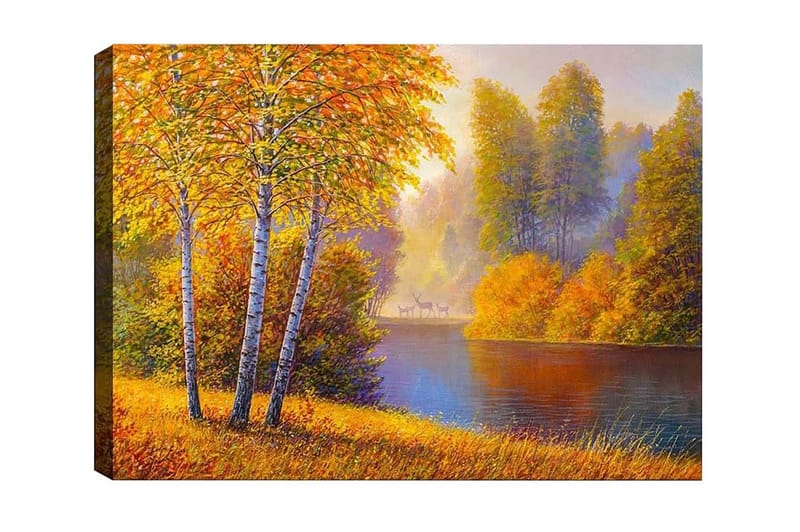 Lærredsbillede - Smukt efterårslandskab med birketræer ved en stille sø, Gyldenorange / Grøn / Blå