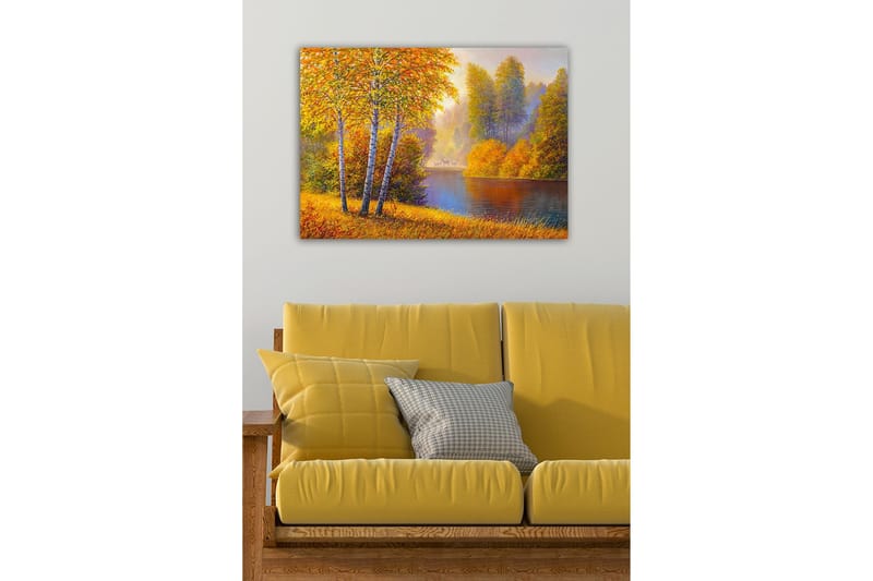 Lærredsbillede - Smukt efterårslandskab med birketræer ved en stille sø - Gyldenorange / Grøn / Blå - Boligtilbehør - Billeder & kunst - Billeder på lærred