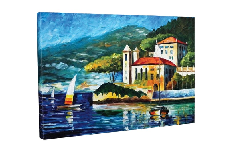 Lærredsbillede - Smukt kystlandskab med sejlbåde og en malerisk bygning ved vandet, Blå / Grøn / Rød