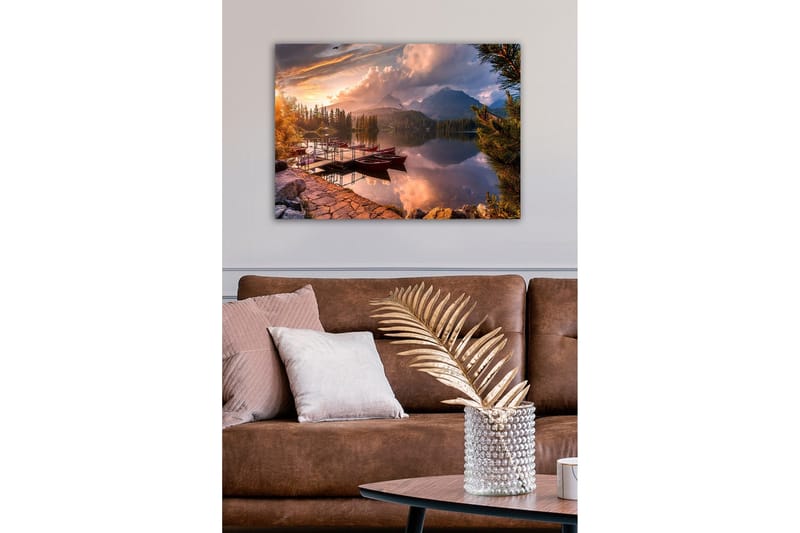 Lærredsbillede - Smukt sølandskab med robåde ved solnedgang - Orange / Grøn / Blå - Boligtilbehør - Billeder & kunst - Billeder på lærred