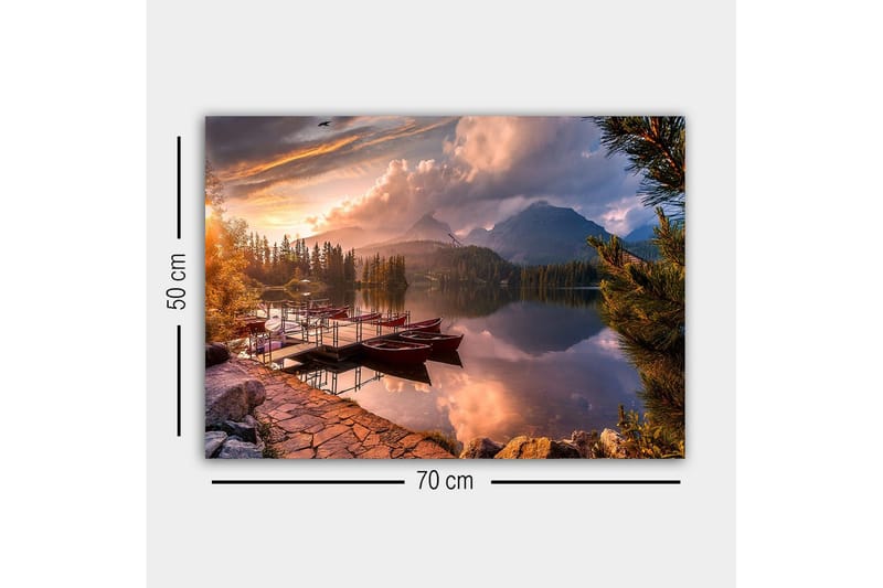 Lærredsbillede - Smukt sølandskab med robåde ved solnedgang - Orange / Grøn / Blå - Boligtilbehør - Billeder & kunst - Billeder på lærred