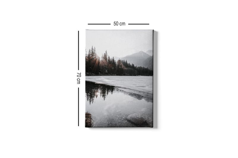 Lærredsbillede - Smukt vinterlandskab med frosne søer og snedækkede bjerge - Grå / Hvid / Mørkegrøn - Boligtilbehør - Billeder & kunst - Billeder på lærred