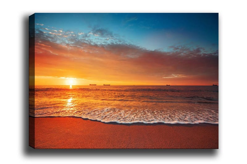 Lærredsbillede - Solnedgang over havet med bløde bølger på stranden, Orange / Blå / Beige