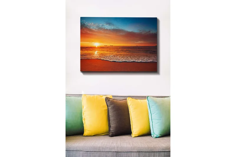 Lærredsbillede - Solnedgang over havet med bløde bølger på stranden - Orange / Blå / Beige - Boligtilbehør - Billeder & kunst - Billeder på lærred