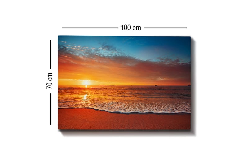 Lærredsbillede - Solnedgang over havet med bløde bølger på stranden - Orange / Blå / Beige - Boligtilbehør - Billeder & kunst - Billeder på lærred