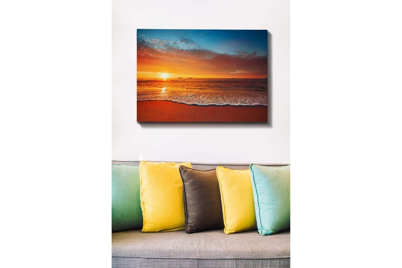 Lærredsbillede - Solnedgang over havet med bløde bølger på stranden - Orange / Blå / Beige - Boligtilbehør - Billeder & kunst - Billeder på lærred