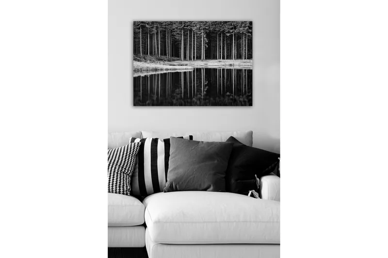 Lærredsbillede - Sort-hvid skovscene med spejling i vandet - Sort / Hvid / Grå - Boligtilbehør - Billeder & kunst - Billeder på lærred