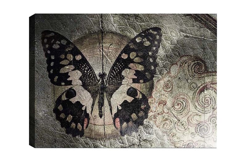 Lærredsbillede - Sort sommerfugl med mønster mod en diskret baggrund, Sort / Beige / Grå