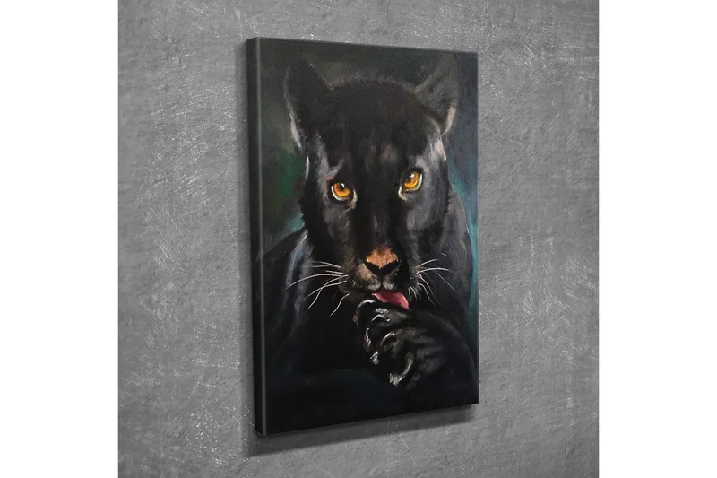 Lærredsbillede - Sort panter med intense øjne, der slikker sin pote - Sort / Guld / Mørkegrøn - Boligtilbehør - Billeder & kunst - Billeder på lærred