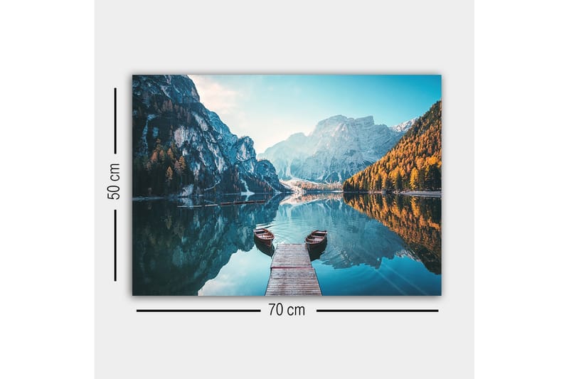 Lærredsbillede - Spejlblank sø med bjerge og efterårsfarvede træer - Blå / Orange / Grøn - Boligtilbehør - Billeder & kunst - Billeder på lærred