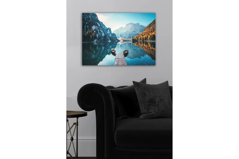 Lærredsbillede - Spejlblank sø med bjerge og efterårsfarvede træer - Blå / Orange / Grøn - Boligtilbehør - Billeder & kunst - Billeder på lærred