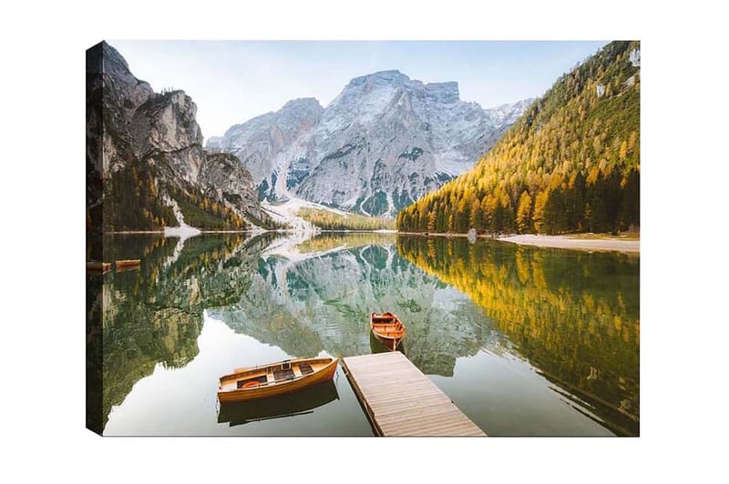 Lærredsbillede - Spejlblank sø med bjerge og efterårsfarvede træer, Grøn / Orange / Blå
