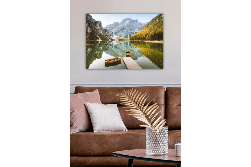 Lærredsbillede - Spejlblank sø med bjerge og efterårsfarvede træer - Grøn / Orange / Blå - Boligtilbehør - Billeder & kunst - Billeder på lærred