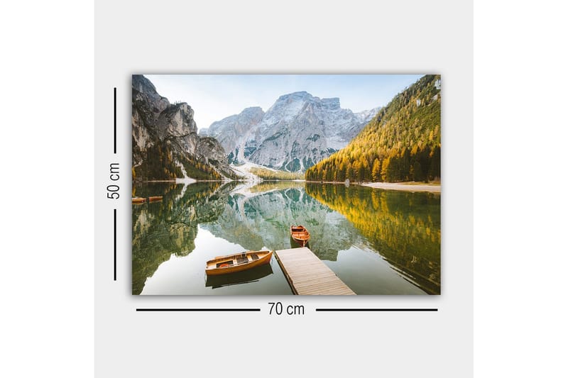 Lærredsbillede - Spejlblank sø med bjerge og efterårsfarvede træer - Grøn / Orange / Blå - Boligtilbehør - Billeder & kunst - Billeder på lærred