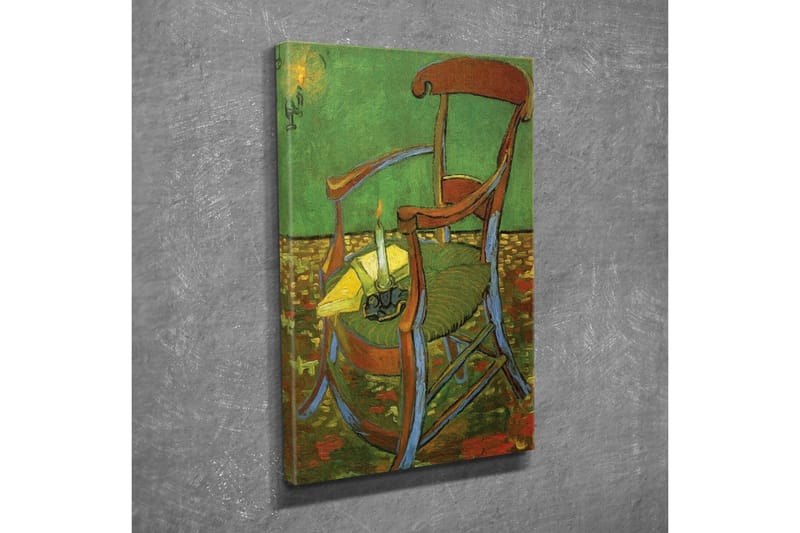 Lærredsbillede - Stående stol med en tændt lysestage og en gul dug - Grøn / Brun / Gul - Boligtilbehør - Billeder & kunst - Billeder på lærred