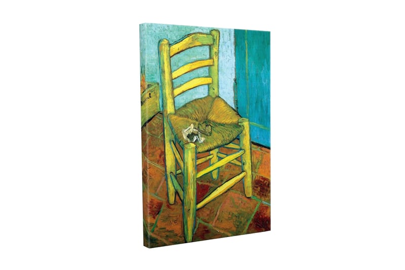 Lærredsbillede - Stående stol med stråsæde og en lille dekoration på sædet, Gul / Grøn / Orange