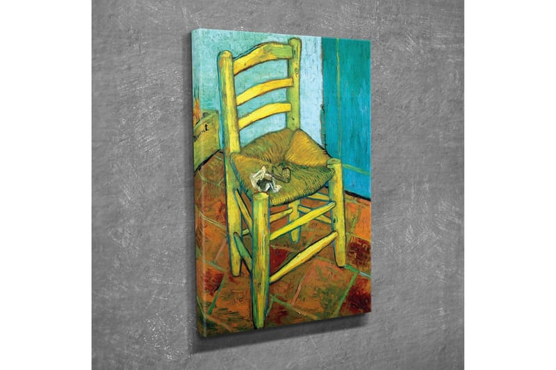 Lærredsbillede - Stående stol med stråsæde og en lille dekoration på sædet - Gul / Grøn / Orange - Boligtilbehør - Billeder & kunst - Billeder på lærred