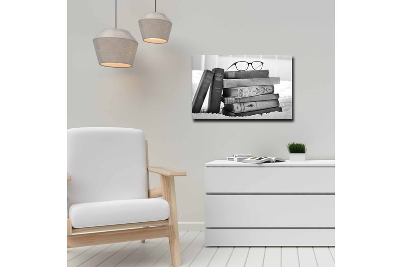 Lærredsbillede - Stak af bøger med briller ovenpå - Sort / Grå / Hvid - Boligtilbehør - Billeder & kunst - Billeder på lærred