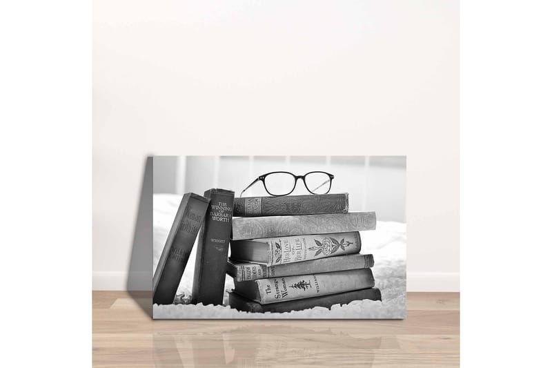 Lærredsbillede - Stak af bøger med briller ovenpå - Sort / Grå / Hvid - Boligtilbehør - Billeder & kunst - Billeder på lærred