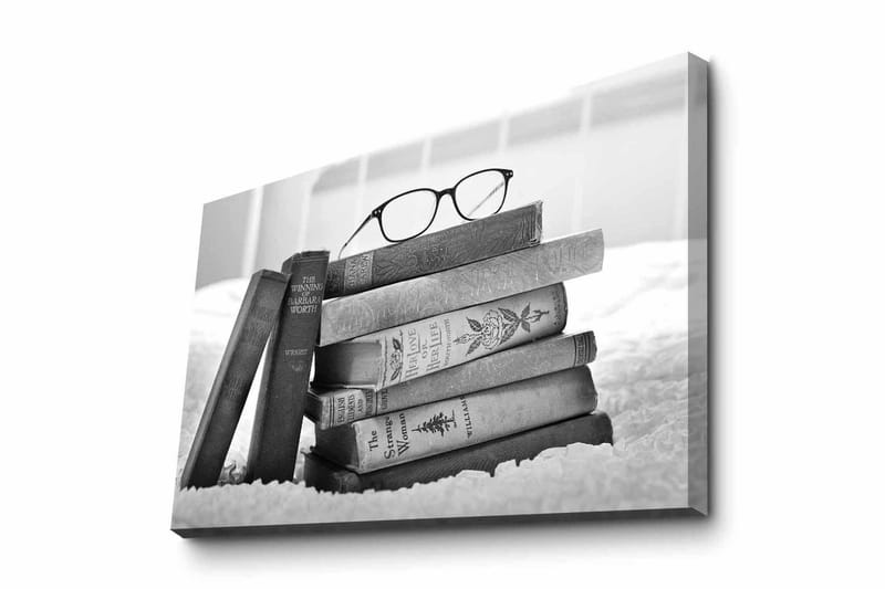 Lærredsbillede - Stak af bøger med briller ovenpå, Sort / Grå / Hvid