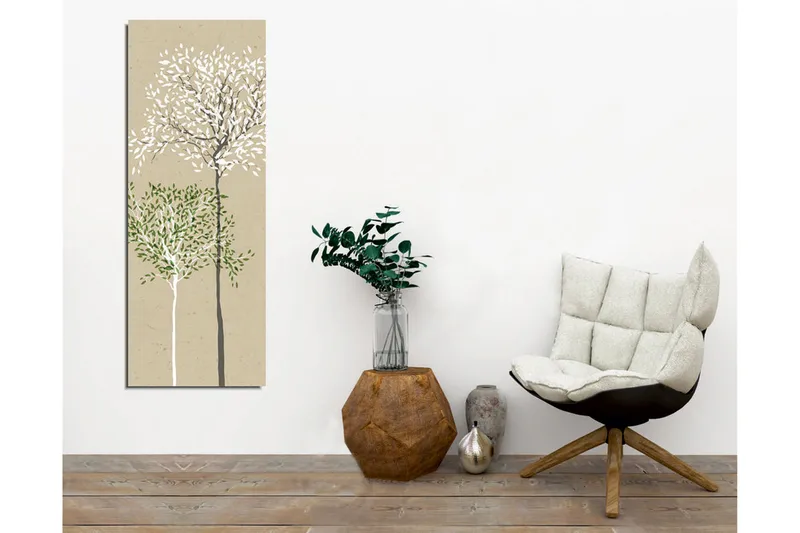 Lærredsbillede - Stiliserede træer med hvide og grønne blade på en neutral baggrund - Grøn / Hvid / Beige - Boligtilbehør - Billeder & kunst - Billeder på lærred